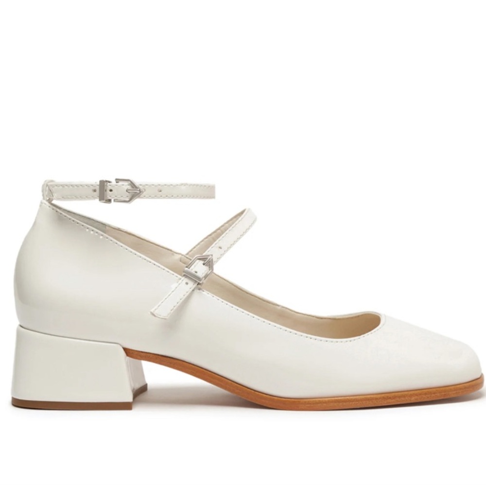 SCHULTZ DOROTHY PATENT LEATHER WHITE MARY JANES BLOCK HEELS 7.5 B BRAZIL $168